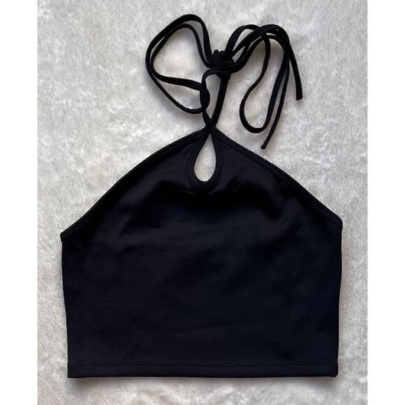 NWT Zara Ribbed Keyhole Crossed Halter Crop Top in Black, Size Medium - Picture 10 of 14